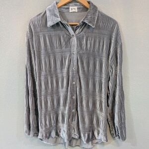 BiBi Metallic Gray Stretch Knit Button-Up Blouse | Ruched Stripe Detail | Size 8